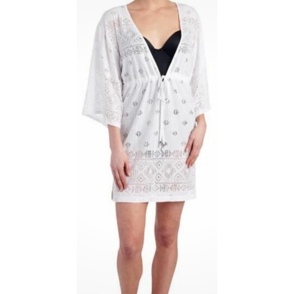 Dotti White Eyelet Lace Swim Cover Up Dress Drawstring Waist Medium